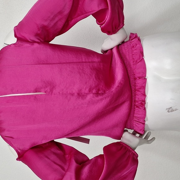 1. State 'NEW" Pink Coquette Romantic Smocked Satin Cold Shoulder Blouse Size XS - Picture 8 of 15